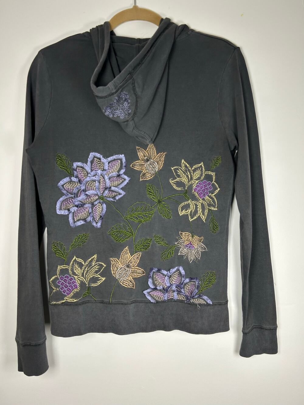 VTG Vertigo 90s Y2K Full Zip Embroidered Floral Dark Gray Hoodie Jacket Size M
